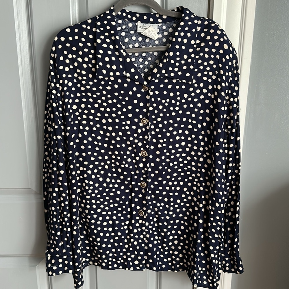 Vintage Plus Size Polka Dot Button-Front Blouse Gold Buttons Kathie Lee Size 24W